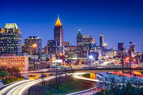 Atlanta Skyline City Georgia Illuminated At Night Landscape Photo Cool Wall Art Print Poster 36x24