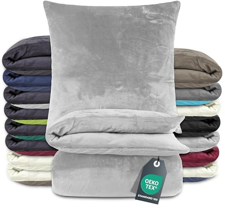 BaSaTex Winter Plüsch Bettwäsche Set, 135x200 cm, Grau | Warm und Kuschelig, Öko_Tex Zertifiziert, Reißverschluss, Flauschig Anschmiegsam, Feuchtigkeitsregulierend
