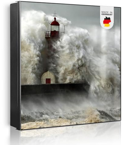 banjado Großer Schlüsselkasten Metall - Schlüsselbox 30x30cm beschreibbarer mit 32 Haken - Schlüsselkasten modern für Schlüsselaufbewahrung - Korpus Schwarz Scharnier Links - Motiv Fels In Der Brandun