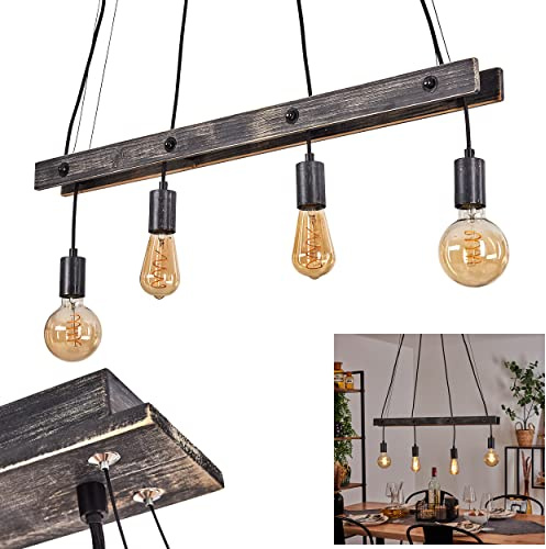 HOFSTEIN Pendelleuchte Aarhus, Hängelampe aus Metall/Holz in Schwarz/Braun, 4-flammig, 4 x E27, höhenverstellbare Hängeleuchte bis max. 138 cm, Industrial Design, für Esszimmer, Wohnzimmer, Küche