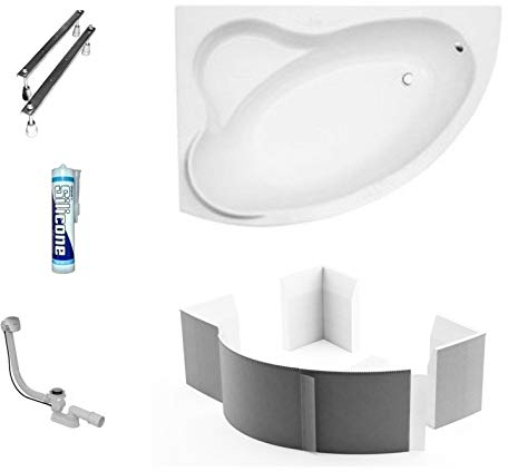 ECOLAM® Badewanne Eckbadewanne Acryl Ada weiß 140x90 cm LINKS + Wannenträger Ablaufgarnitur Ab- und Überlauf Automatik Füße Silikon Komplett-Set