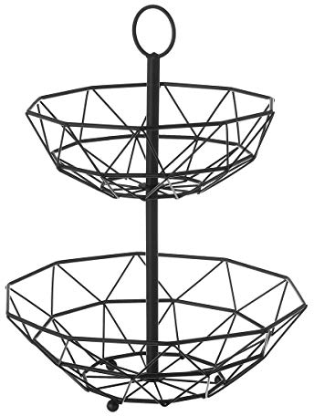 LOLAhome Frutero geométrico de 2 alturas negro de metal cromado de Ø 29,5x38 cm | Cesta doble negra para almacenar fruta, verdura y pan