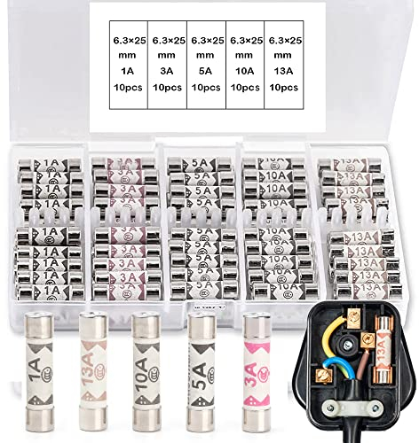 100PCS Ceramic Tube Fuses Household Set with 1A 3A 5A 10A 13A Amp 240 Volt Fuses Assorted Suitable for UK Domestic Electrical Home Mains Plugs, Extension leads,Shaver Plug, and Fuse Sockets