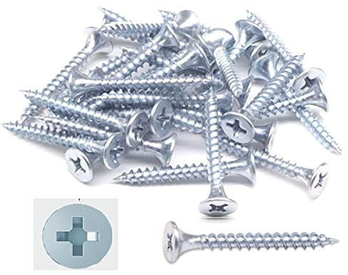 TERF® Zinkschrauben mit Feingewinde, scharfe Spitze, 3.5x38 mm, Kreuzschlitz, flach, Senkkopf, Zinkschrauben für Trockenbau, Gipskarton, Schraubengröße 3.5x38 mm, 100 Stück