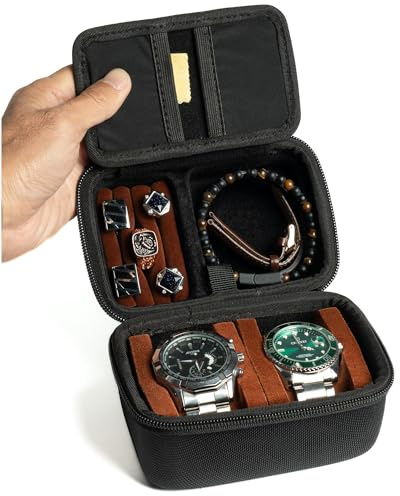 RIGICASE 2 slots Watch travel case, with accessories compartment for rings cufflinks watch band, Hard Portable Watch box holder Organizer with soft pillow fit up to 55mm