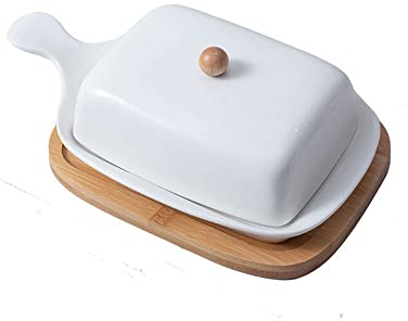 Mantequillera Plato de mantequilla de cerámica con tapa de la costa este / oeste con la bandeja de bambú de la manija Herramienta de cocina de la placa de mantequilla rectangular pura simple Recipient