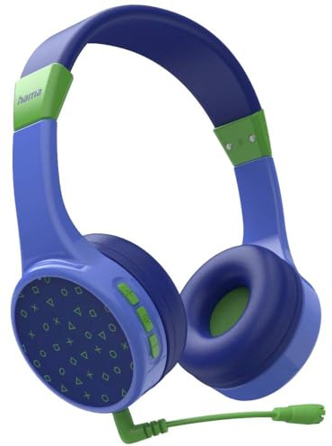 Hama Bluetooth Kopfhörer Kinder (2 Mikrofone, Kinder-Kopfhörer Lautstärkebegrenzung 85dB, biegsamer Kopfbügel einstellbar, On-Ear-Kopfhörer weiche Polster f. Schule, Freizeit, Homeschooling) blau-grün