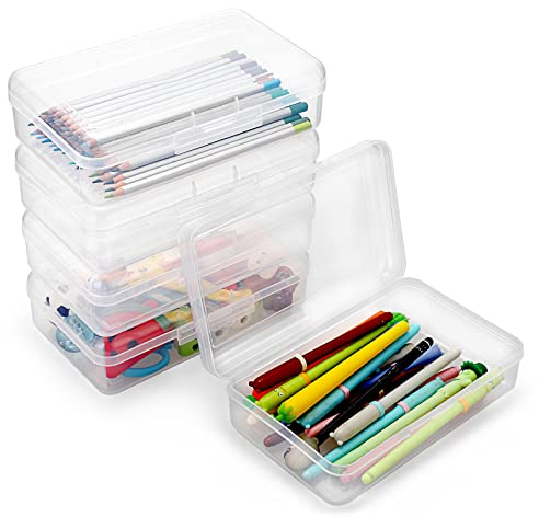 TOLIDA 5 Piezas Organizador Lapices-Plástico Transparente Estuche para Bolígrafos de Pintura de Acuarela Caja de Almacenamiento de Útiles Escolares con Tapa a Presión para Lápices Gomas de borrar
