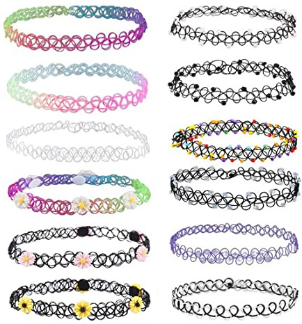 Cou Ensemble Mode Collier, 12 Pièces Choker de Tatouage Rétro Elastique Ras Du Cou Multicouleur pour Les Dames et Les Filles