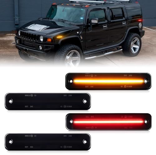 FetonAuto Luces LED de señalización lateral para 2003-2009 Hummer H2, Lente ahumada Ámbar Delantero Trasero Rojo Lado Guardabarros Luces de señalización de giro Kits, Paquete de 4