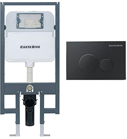 Casta Diva in Wall Toilet Tank Carrier, Concealed Wall Hung Toilet Tank System with Black Dual-Flush Actuator Plate (2x4 / 2x6 Studs)