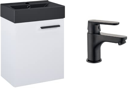 VBChome Badmöbel Set 45 cm Schwarz Waschbecken mit Hängeschrank Weiß mit Armantur Schwarz Waschtisch 1-Türen Soft-Close Waschtischarmatur Modern Elegant