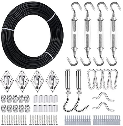 TooTaci Outdoor String Light Hanging Kit, 30M/3.2mm Black Coated Guide Wire for Garden Lights with M5 Stainless Steel Turnbuckle & Fixing Kit Anti-sagging for Festoon Light/Patio Light Suspension