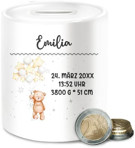 Spardose - Geburtsgeschenk Teddy Bär Datum Uhrzeit Gewicht Größe I Geschenk zur Geburt personalisiert - Unisize - Weiß - Baby-Geschenke Jungen personalisierte Baby Geschenke neugeboren
