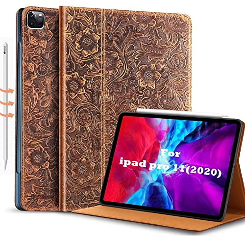 Gexmil Leder Hülle für iPad Pro 11 4./3./2./1. Gen. 2022/2021/2020/2018 | Premium Echtleder Cover/Flip,Auto Schlaf/Aufwachen,Schutzhülle Einstellbarer Ständer,Stoßfest,Blume Braun