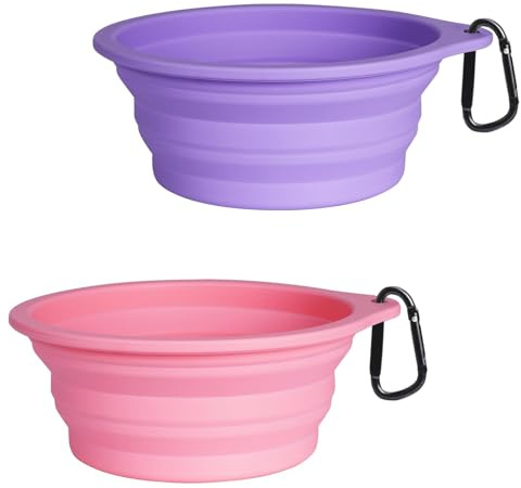 PetBonus 2-pack silikonhopfällbara hundskålar, BPA-fria, maskindiskbara, portabla hopfällbara resekoppar, mat- och vattenskålar för hundar och katter med 2 karbinhakar (lila, rosa)