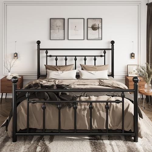SHA CERLIN 14 Queen Size Metal Platform Bed Frame/Victorian Headboard and Footboard/Steel Slats Mattress Foundation for Storage/No Box Spring Needed/Noise Free/Black