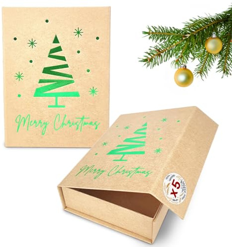 Verpackungswelt Geschenk-Box Weihnachten (5 Stk.) | 16x12x4 cm | Geschenk-Karton mit Deckel & Magnet-Verschluss | Für Weihnachts-Geschenke | Weihnachts-Verpackung mit Weihnachtsbaum-Motiv in Grün