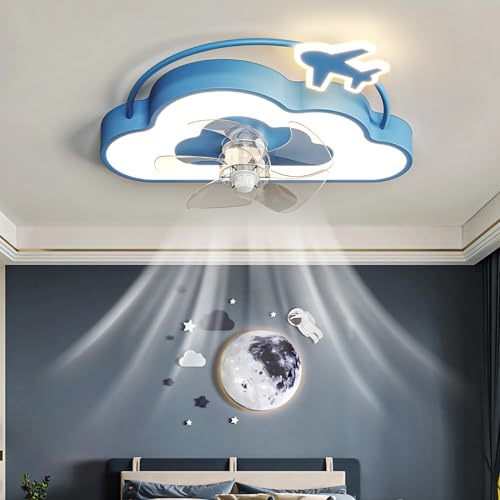 Caufloce Kids Ceiling Fans with Lamps Reversible Dc Dimmable Quiet Ceiling Fans with Lights and Remote Timer 6 Speed Fan Ceiling Light for Kids Room-Blue Clouds