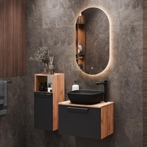 Planetmöbel Astra Conjunto Muebles de baño con Mueble bajo Lavabo 60 cm, 1 Armario Midi Roble Dorado Antracita, lavamanos sobre encimera 42 cm Negro