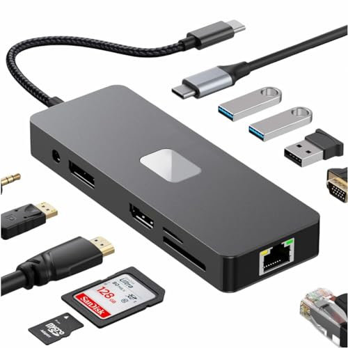 USX MOUNT Hub USB C, 11 En 1 Adaptador USB C Hub a HDMI 4K, DisplayPort, VGA, 3 Puertos USB 3.2, 100W PD, Gigabit Ethernet RJ45, Audio, Lector de Tarjetas SD/TF para MacBook Pro Air,iPhone 15 Pro MAX