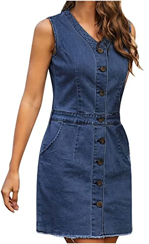 Women's Sleeveless V-Neck Denim Dress With Buttons - Knee-High Loose Dungarees in Solid Color Bodycon Skirt Style - Baggy Summer Design