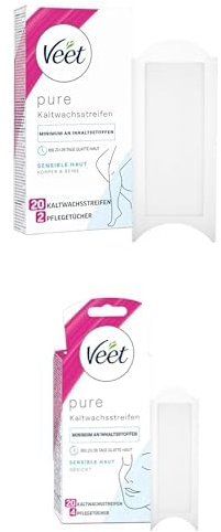 Haarentfernungsset Veet Pure Kaltwachsstreifen für Körper, Arme & Beine + Veet Pure Kaltwachsstreifen für das Gesicht – Geeignet für sensible Haut – Minimum Inhaltsstoffe für glatte Haut
