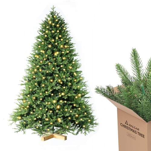 SALCAR Künstlicher Weihnachtsbaum 210 cm mit Warm LED-Beleuchtung und Holzständer, PE-Spritzguss und PVC Tannenbaum (Ø ca. 140 cm) mit Schnellaufbau-Klappsystem