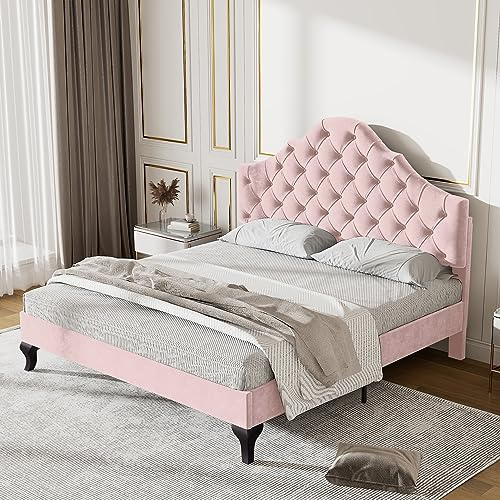 Dolamaní Jugendbett 140x200 cm Mädchen Jungen, Polsterbett Samt mit Höhenverstellbares Kopfteil, Doppelbett mit Lattenrost & Bettfuß, Jugendzimmer Schlafzimmer Bett, Rosa