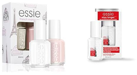 Bundle aus essie Nailart Set french maniküre (Nr.01 blanc, Nr.13 mademoiselle) + essie stay longer premium longwear top coat, Überlack für langen Halt und verlängerte Farbbrillanz, 13,5 ml