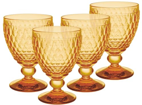 Villeroy & Boch Boston Saffron Rotweingläser 4er Set, 310 ml, Farbige Weingläser mit Facettenmuster, Kristallglas für Rotwein, Spülmaschinengeeignet, Gelb