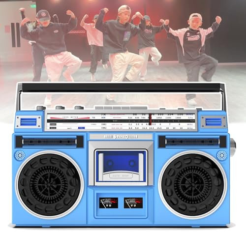 WhAeoy Boombox portatile a cassetta, stile classico anni '80, lettore CD, con radio AM/FM, supporto ingresso SD/USB, registratore a cassette per riunioni di famiglia e viaggi, A