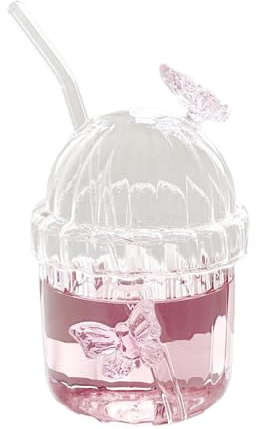Xnferty Vasos de Vidrio, Vaso de Vidrio de 6.3 IN con Pajita y Tapa, Vasos a Rayas, Vasos de Vidrio con Mariposas, Vasos de Cerveza, Vasos de café Helado para Agua y café