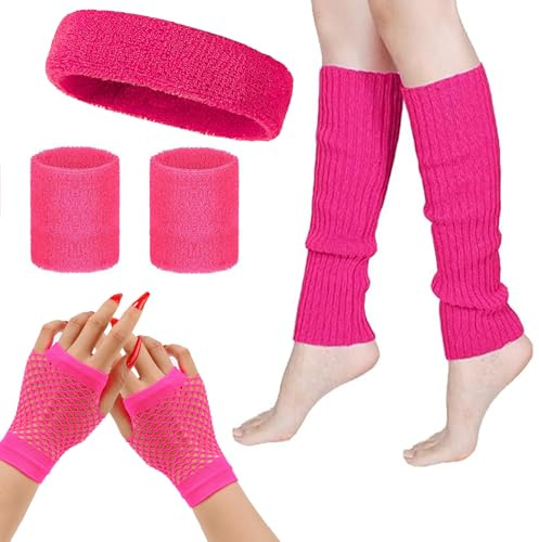 MUFEKUM 80er Jahre Kostüm Zubehör, Beinstulpen Fischnetz Handschuhe Stirnband Armbänder Schweißbänder Neon Set 1980er Retro Motto Party Kostüme Neon Party Zubehör, rose, One size