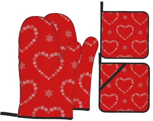 Ofenhandschuhe und Topflappen-Set, rote Schneeflocken-Herzen, hitzebeständig, Küchen-Backhandschuhe, rutschfeste Oberfläche zum Kochen, Backen, Grillen, Grillen