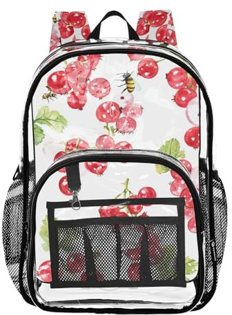 linqin Mochila blanca de grosella roja para la escuela, bolsa transparente para libros para adolescentes, mochila de PVC transparente, grosella roja, color blanco, 1 tamaño, Grosella roja blanca, 1