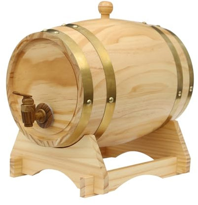 Qussse 5L Weinfass, Whiskyfass Schnapsfass aus Kiefernholz, Weinfass mit Ständer und Zapfhahn, Holzfass für Whiskey und Wein