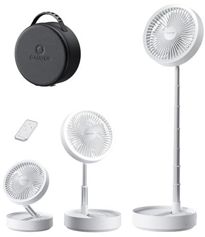 Gaiatop Portable Pedestal Fan 16000mAh Battery [Max 74h Runtime], Foldable Oscillating Standing Fan, Collapsible Desk Fans, LED Light, Case & Remote Control 4 Speeds for Outdoor Travel Camping (White)