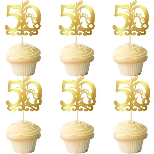 Gyufise 24Pcs Happy 50th Birthday Cupcake Toppers 50 Fabulous Cake Topper Cheers to 50 Cake Decoration for 50th Birthday Anniversary Party Decoration Supplies Gold
