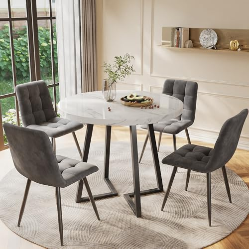 Rosebibi Esstisch-Set (5-teilig), modernes Esstisch-Set (mit 4 Stühlen), Küchen, runder Küchentisch mit 80 cm Durchmesser und schwarzen Metallbeinen, weiße MDF-Platte, Samtstühle (Weiß+Dunkelgrau)