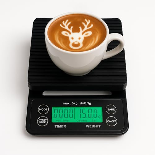 FRAINEL Coffee & Kitchen Digital Scale for Pour Over, Drip, Espresso, Salad Preparation, Pizza, Seasonal & Thanksgiving Cooking. Built-in Timer, Unit Switch, Green LCD, Max 5kg Weight, 0.1g Accuracy
