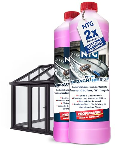 NTG Vordach & Terrassendach Reiniger Konzentrat 2L - Grünbelag Entferner | streifenfrei für Glas Metall und PVC - Made in Germany - für Wintergärten und Terrassenüberdachungen