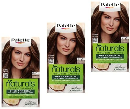 3x Palette Naturals Permanente Haarfarbe 6-0 Dunkelblond pflegende Haarfarbe ohne Ammoniak, Coloration für bis zu 100% Grauabdeckung veganer Formel, 0% Silikonen, 115 ml (3er Pack)