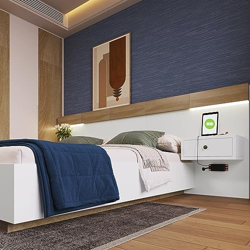 Doppelbett 180 x 200 cm Bettanlage mit 2 LED Nachtkommoden & USB C Steckdose Holzbett inkl. 2 Nachttischen Schlafzimmer Komplett--205x284x90.5 cm (T/B/H) Set in Eiche Sonoma/Weiß (Ohne Matratze)