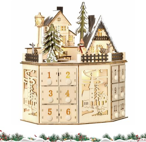 Calendario dell'Avvento natalizio 2025 in legno con 24 cassetti e luci a LED, calendario natalizio per il conto alla rovescia di 24 giorni, calendario dell'avvento vuoto da riempire, regalo decorativo