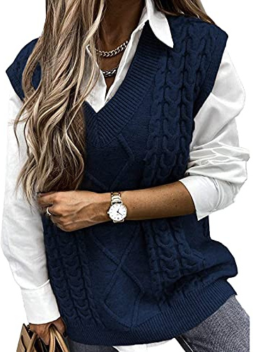 Pull Femme Gilet en Tricot sans Manches Blouson Col V Pullover Chandail Chaud Bureau Tops Automne Hiver Veste Sweater Simple Cadeaux de Noël La Saint-Valentin Anniversaire
