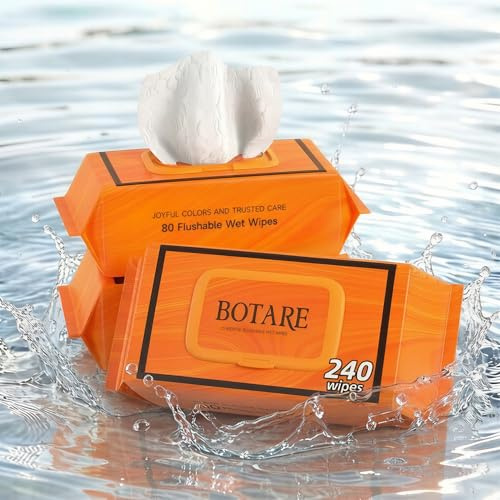 Botare Gentle Plus Wet Flushable Bottom Wipes for Adults, Unscented Extra-Large, 99% Purified Water with Aloe Essence, Flip-Top Packs for Men & Women, Bathroom Use (80 Count x 3 Package)