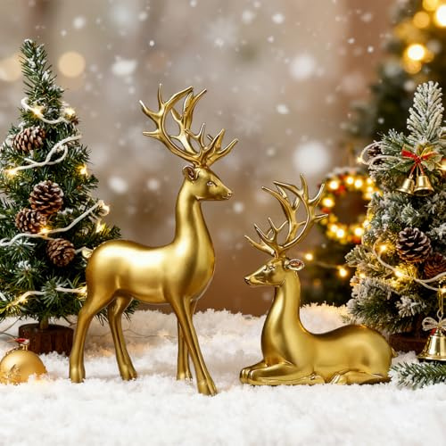 Set of 2 Reindeer Statues Christmas Decorations- Standing Sitting Deer Figurines - Elegant Small Reindeer Indoor Holiday Decor - Table Centerpieces - Ideal for Mantel Home Bedroom Office (Gold)