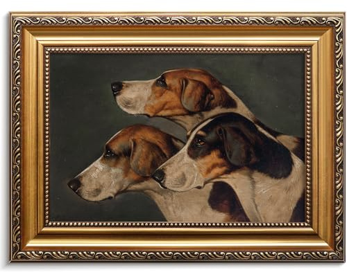 Vodefoad Vintage Three English Foxhounds Gold Framed Animal Wall Art Retro Dog Oil Prints Painting Rustic Old Hunting Hound Picture Wall Decor for Bedroom Living Room, Gallery Winter Room Decor Holiday Decoration Gifts - 9x12inch