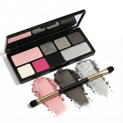 8-Color Eyeshadow Palette with Mirror & Dual-Ended Brush - Matte, Shimmer, Metallic Finishes for Pink, Grey, Silver Shades, Perfect for Everyday, Party, Sweet, Smoky or Dramatic Eye Looks